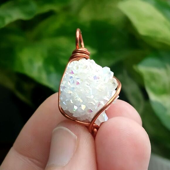 Aura Quartz Crystal Cluster Pendant, Copper Wire Pendant, Gemstone, 1" - Picture 2 of 4